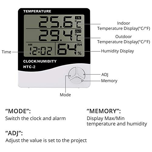 eSynic 2 Piezas Digital Termómetro Higrómetro para Acuario Termómetro con Reloj Despertador Gracn Pantalla LCD Medidor de Humedad y Temperatura para Acuario Fish Tank
