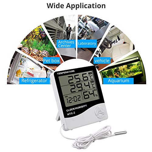 eSynic 2 Piezas Digital Termómetro Higrómetro para Acuario Termómetro con Reloj Despertador Gracn Pantalla LCD Medidor de Humedad y Temperatura para Acuario Fish Tank