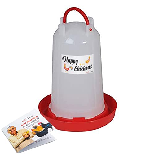 FINCA CASAREJO Bebedero para Gallinas - Bebedero sifónico Happy Chickens 5 litros - Plástico Resistente para conservar el Agua en Buen Estado - Incluye Guía Práctica de Alimentación de Las Aves