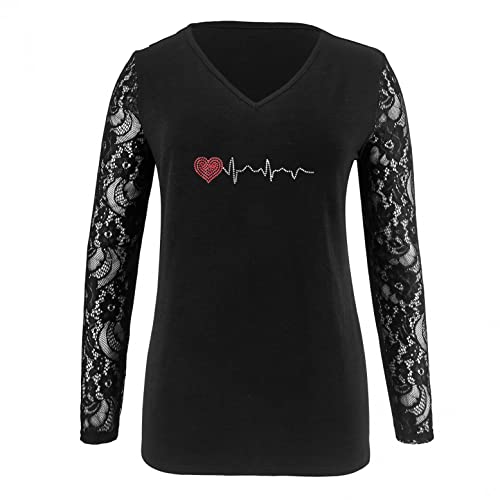 Generic Camiseta de manga larga para mujer con corte profundo en V, patchwork, de encaje, transparente