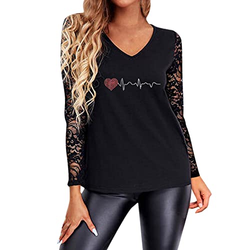 Generic Camiseta de manga larga para mujer con corte profundo en V, patchwork, de encaje, transparente