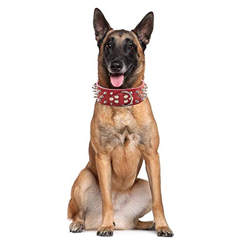 haoyueer Collar de perro de cuero con púas Remaches de bala tachonados 2 pulgadas de ancho Elegantes collares de perro de cuero para perros medianos y grandes Pitbull … (M, rojo)