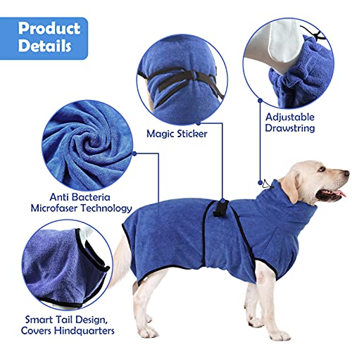 HAPPY HACHI Albornoz para Perros Microfibra Absorbente, Toallas Secadores Rápido para Perros Pequeños Grandes, Baño Gatos Lavable Pijamas para Mascotas(L Azul)