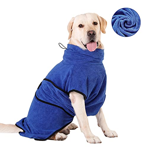 HAPPY HACHI Albornoz para Perros Microfibra Absorbente, Toallas Secadores Rápido para Perros Pequeños Grandes, Baño Gatos Lavable Pijamas para Mascotas(L Azul)