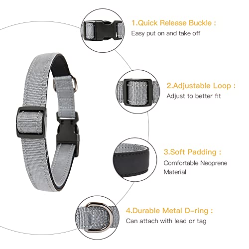HEELE Collar Perro, Collar Nylon Reflectante Neopreno Forrado Ajustable para Perro Grande, Gris, L