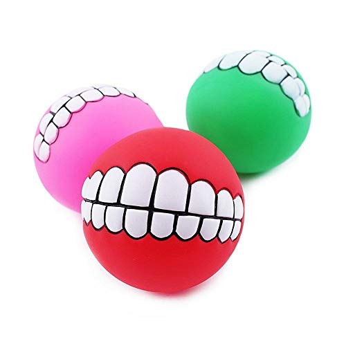 HUANG Bola de Dientes de 3 Piezas para Perro, Mascota, Entrenamiento, Masticar, Jugar, Buscar, morder, patrón de Sonrisa, Sonido chirriante, Juguetes interactivos (Color Aleatorio)