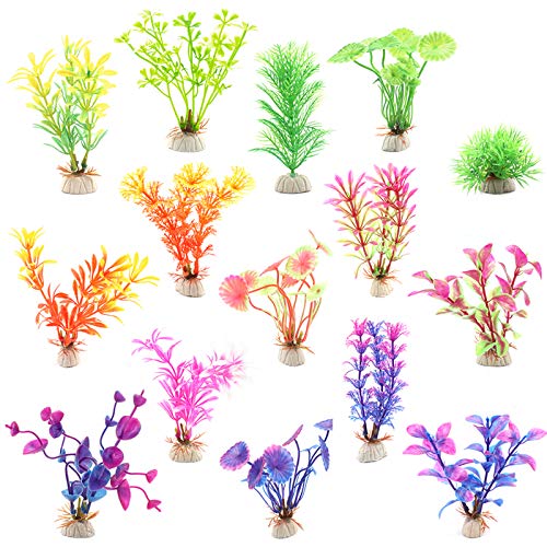 Huayue 15pcs Planta Artificial Plástico Decoración Pecera, Planta Acuario Plantas Plásticas para Acuarios Decoraciones Plásticas del Tanque de Peces, Planta de Simulación Viva Acuario Paisaje (5-14cm)