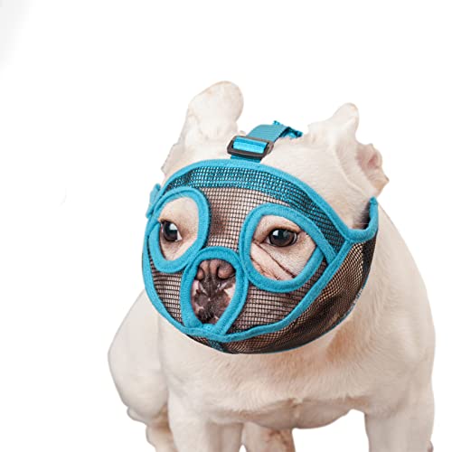 ILEPARK Bozal para Perros de Hocico Corto, Bozal de Bulldog francés, Anti-Mordiscos y Ladridos, Máscara para Perros Transpirable Ajustable(S,Azul)