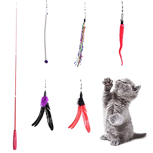 Juguete Interactivo con Plumas para Gatos, 6 Pcs Juguete de Plumas de Gato, Incluye 1 Varillas con 5 Juguete Interactivo Recargas