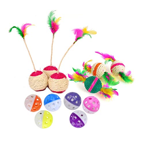 JZK 12 x Juguetes para Gatos, Bola de sisal rodante Pelotas Juguete de Plumas Interactivo para Gatitos Kitty