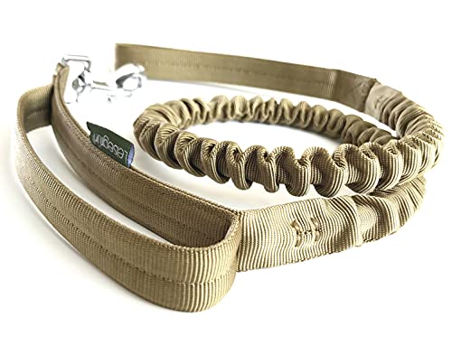 Leisegrün® Correa para perros de nailon | Correa elástica para perros con guía corta y amortiguador | Longitud de 120 cm hasta 170 cm | Color coñac beige.