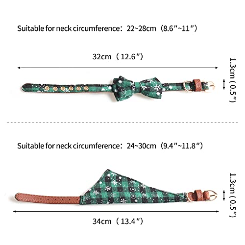OmeHoin Conjunto de collar y bandana para perros y gatos, collar de Navidad clásico de copo de nieve a cuadros con lazo y baberos triangulares, pañuelo de copo de nieve a cuadros verdes + bandana