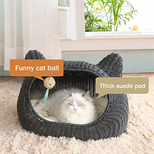 Ownlife Cama de Gato de Mimbre Casa de Gato de Mestizo for Mascotas Lindo con cojín Suave Cesta de cazas for Gatitos for Gatos de Interior y Perros pequeños Mascotas (Color : Black)