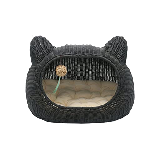 Ownlife Cama de Gato de Mimbre Casa de Gato de Mestizo for Mascotas Lindo con cojín Suave Cesta de cazas for Gatitos for Gatos de Interior y Perros pequeños Mascotas (Color : Black)