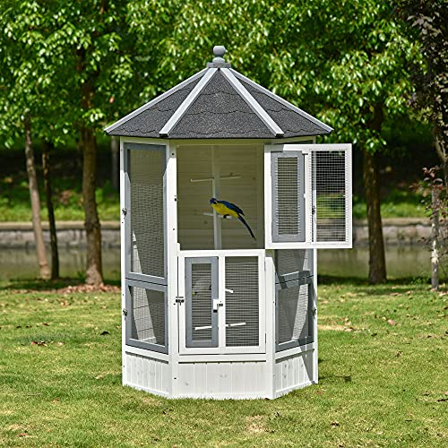 PawHut Pajarera de Madera Grande para Balcón Jardín con Múltiples Puertas Ventanas 2 Nidos de Pájaros 5 Barras y Techo Asfáltico 125x125x183 cm Gris Blanco y Negro