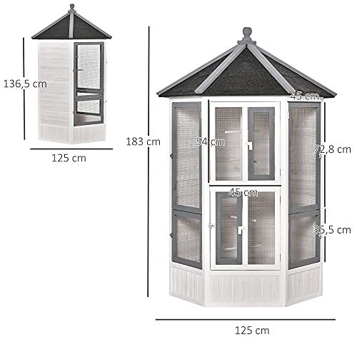 PawHut Pajarera de Madera Grande para Balcón Jardín con Múltiples Puertas Ventanas 2 Nidos de Pájaros 5 Barras y Techo Asfáltico 125x125x183 cm Gris Blanco y Negro
