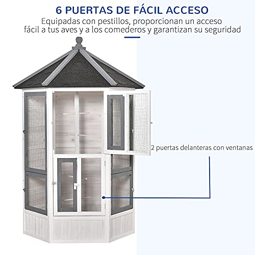 PawHut Pajarera de Madera Grande para Balcón Jardín con Múltiples Puertas Ventanas 2 Nidos de Pájaros 5 Barras y Techo Asfáltico 125x125x183 cm Gris Blanco y Negro