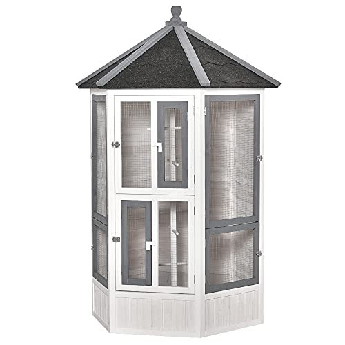 PawHut Pajarera de Madera Grande para Balcón Jardín con Múltiples Puertas Ventanas 2 Nidos de Pájaros 5 Barras y Techo Asfáltico 125x125x183 cm Gris Blanco y Negro