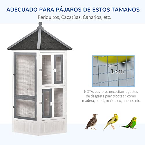 PawHut Pajarera de Madera Grande para Balcón Jardín con Múltiples Puertas Ventanas 2 Nidos de Pájaros 5 Barras y Techo Asfáltico 125x125x183 cm Gris Blanco y Negro