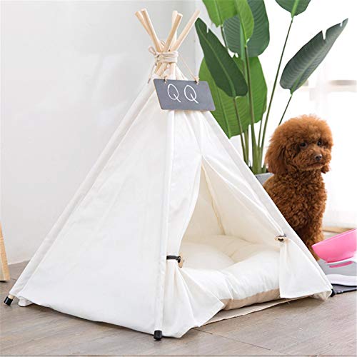 Pet Teepee Dog (Puppy) & Cat (Kitten) Bed - Tienda De Campaña Plegable Portátil Para Mascotas Para Perros Pequeños, Gatos, Conejos De Tamaño Mediano - Lona Blanca Y Madera, Con Pizarra (con Cojín)
