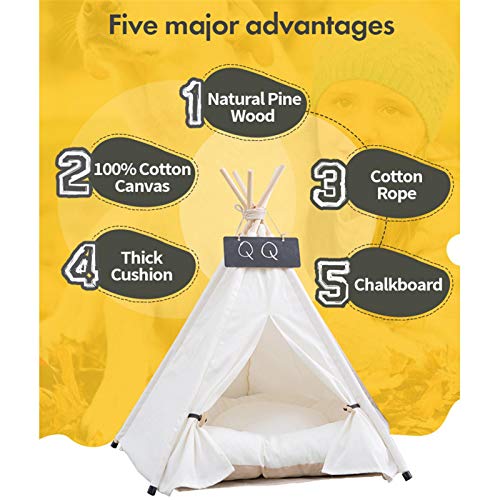Pet Teepee Dog (Puppy) & Cat (Kitten) Bed - Tienda De Campaña Plegable Portátil Para Mascotas Para Perros Pequeños, Gatos, Conejos De Tamaño Mediano - Lona Blanca Y Madera, Con Pizarra (con Cojín)