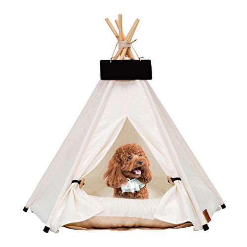 Pet Teepee Dog (Puppy) & Cat (Kitten) Bed - Tienda De Campaña Plegable Portátil Para Mascotas Para Perros Pequeños, Gatos, Conejos De Tamaño Mediano - Lona Blanca Y Madera, Con Pizarra (con Cojín)