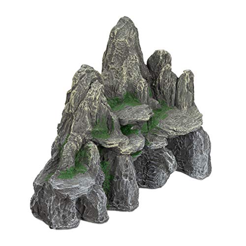 Relaxdays Decoración Acuario, Roca con Cuevas, Piedra Decorativa, 21 cm de Alto, 1 Ud, Poliresina, Gris y Verde