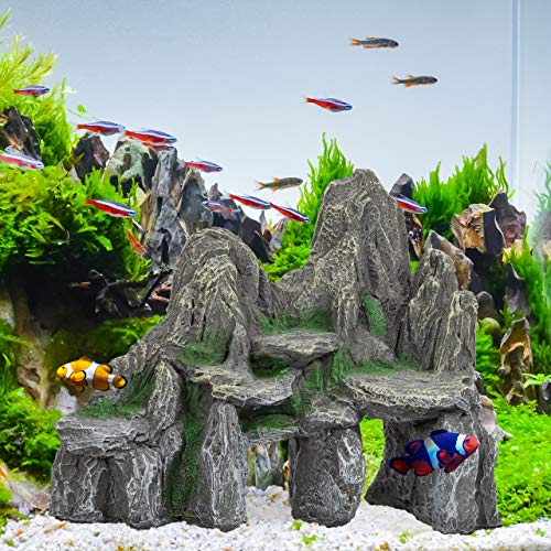 Relaxdays Decoración Acuario, Roca con Cuevas, Piedra Decorativa, 21 cm de Alto, 1 Ud, Poliresina, Gris y Verde
