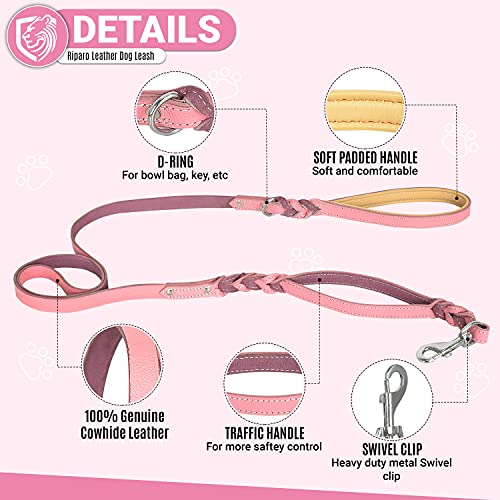 Riparo correa de cuero trenzado de perro con 2 asas, acolchado de tráfico de la manija, la formación de perros correas de paseo para perros medianos y grandes (Rosa , M: 1,27 cm x 1,8 m)