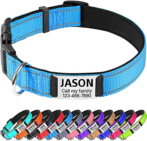 TagME Personalizado Nylon Collares para Perros, Ajustable Reflectante Collar Perro con Acolchados, Etiqueta de Acero Inoxidable Nombre Grabado y Número de Teléfono,Bebe Azul