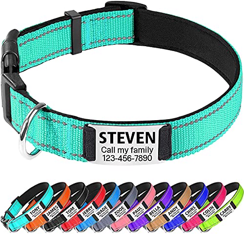 TagME Personalizado Nylon Collares para Perros, Ajustable Reflectante Collar Perro con Acolchados, Etiqueta de Acero Inoxidable Nombre Grabado y Número de Teléfono, Turquesa
