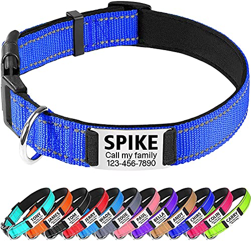TagME Personalizado Nylon Collares para Perros, Ajustable Reflectante Collar Perro con Acolchados, Etiqueta de Acero Inoxidable Nombre Grabado y Número de Teléfono, Azul Marino