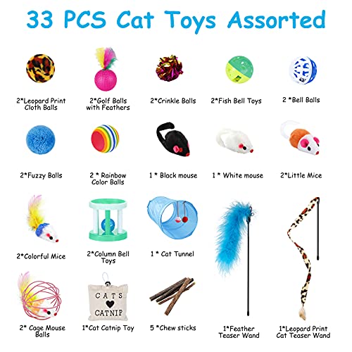 URBZUE Juguetes para Gatos, 33 Piezas Juguetes Gatos Interactivos, Túnel para Gatos, Ratones, Hierba Gatera, Varita de Plumas, Peces, Bolas y Campanas