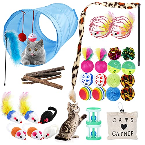 URBZUE Juguetes para Gatos, 33 Piezas Juguetes Gatos Interactivos, Túnel para Gatos, Ratones, Hierba Gatera, Varita de Plumas, Peces, Bolas y Campanas