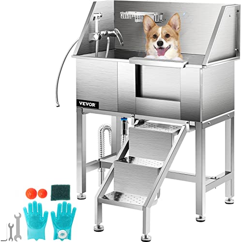 VEVOR Bañera de Acero Inoxidable para Perros 86,8 x 46,7 x 110,4 cm Bañera Peluquería Canina Longitud de Mascota de 86,4 cm Tina de Aseo Capacidad de 90,7 kg Ducha de Lavado con Grifo Puerta Derecha