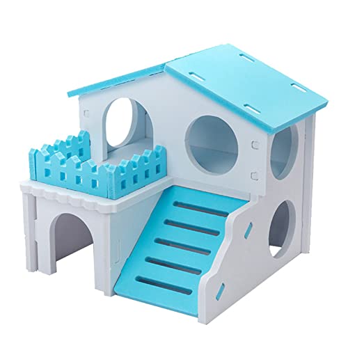 Wharick Hamster House Gerbil Toys,Juguetes para ratas para mascotas,Doble capa de madera Hideout Accesorios de juguete para ratón de conejillo de indias erizo azul