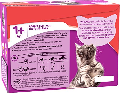 Whiskas - Alimento humedo para gatos, en salsa (Pollo, Carne De Res, Cordero, Aves De Corral), 48 paquetes x 100g