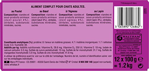 Whiskas - Alimento humedo para gatos, en salsa (Pollo, Carne De Res, Cordero, Aves De Corral), 48 paquetes x 100g