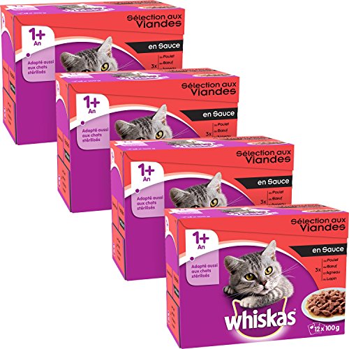 Whiskas - Alimento humedo para gatos, en salsa (Pollo, Carne De Res, Cordero, Aves De Corral), 48 paquetes x 100g
