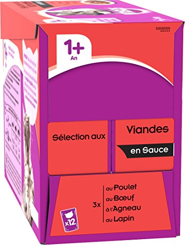 Whiskas - Alimento humedo para gatos, en salsa (Pollo, Carne De Res, Cordero, Aves De Corral), 48 paquetes x 100g