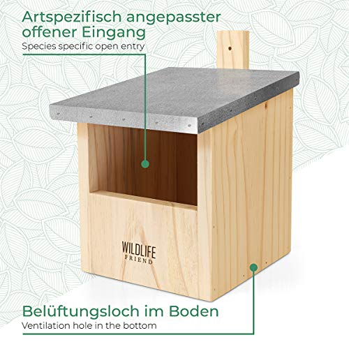 WILDLIFE FRIEND | Caja Nido para Colirrojo & Co de Madera Maciza - con Techo de Metal - Atornillada y Resistente a la Intemperie, Casa de Pájaros e incubadora para Criadores Especializados