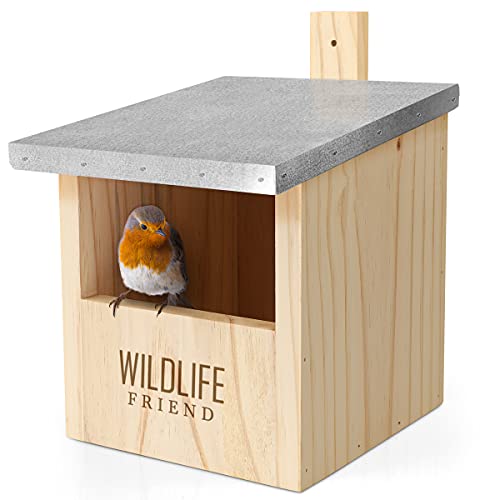 WILDLIFE FRIEND | Caja Nido para Colirrojo & Co de Madera Maciza - con Techo de Metal - Atornillada y Resistente a la Intemperie, Casa de Pájaros e incubadora para Criadores Especializados