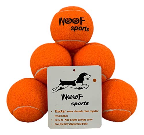Woof Sports - Pelotas de Tenis para Perros, 12 Pelotas de Tenis de Color Naranja ecológicas y Bolsa de Transporte de Malla, tamaño Mediano, para lanzadores de Pelotas estándar