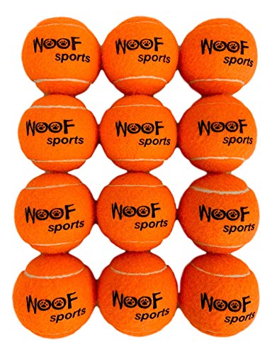 Woof Sports - Pelotas de Tenis para Perros, 12 Pelotas de Tenis de Color Naranja ecológicas y Bolsa de Transporte de Malla, tamaño Mediano, para lanzadores de Pelotas estándar