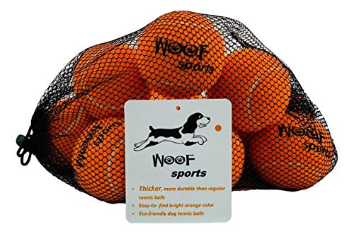Woof Sports - Pelotas de Tenis para Perros, 12 Pelotas de Tenis de Color Naranja ecológicas y Bolsa de Transporte de Malla, tamaño Mediano, para lanzadores de Pelotas estándar